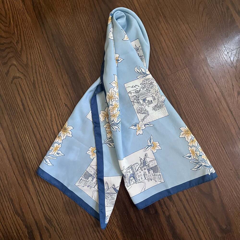 Vintage Betmar Nylon Long Scarf Blue Daffodil Floral Cottage Landscape Japan